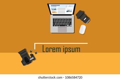 Business background wallpaper style-laptop camera and lens,mouse and memory card on the orange color background with copy space for your text