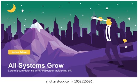 Business Background for Web Design with the Concept of Mountains, Cities, and Businessman. Design Template. Vector Illustration.