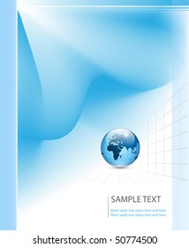 Business background with world globe and abstract blue glow, vector illustration.