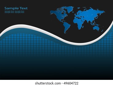 Business background with world map, black and blue, vector illustration.