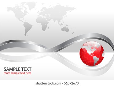 Business background with world map and red earth globe, silver metallic, vector illustration.