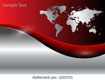 Business background with world map, red and silver, vector illustration.