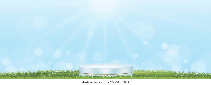 Fondo del negocio, diseño del Producto para el cosmético, podio 3d en campos verdes de la hierba con la luz del sol del bokeh, paisaje de la Naturaleza del Anuncio de Pascua del Vector, cielo azul con la luz brillante en prado en verano de la mañana