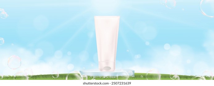 Business Background,Product design for Cosmetic,3d Podium,bubbles on green grass fields with sunlight,Vector Easter Banner Nature landscape,Blue Sky with sparkling light on meadow in morning summer