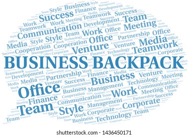 Business Backpack word cloud. Collage made with text only.