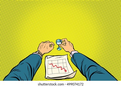 Business is bad, the graph of sales is down, the businessman got drunk, pop art retro vector illustration