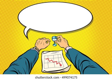 Business is bad, the graph of sales is down, the businessman got drunk, pop art retro vector illustration