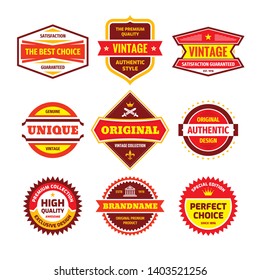 Business badge vector set in retro design style. Abstract logo. Premium quality. Satisfaction guaranteed. Original, authentic, vintage, unique, exclusive design labels.