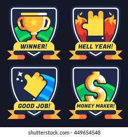 Business badges. Motivation and achievement. Winner, Hell Yeah, Good Job, Money Maker. Vector flat gamification icons.