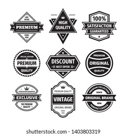 Business badges vector set in retro design style. Abstract logo. Premium quality. Satisfaction guaranteed. Original, vintage, discount, exclusive design labels. Black & white colors.