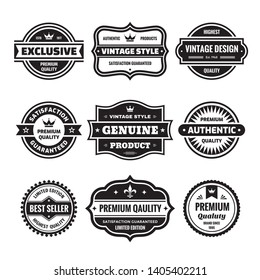 Business badges vector set in retro design style. Abstract logo. Premium quality. Satisfaction guaranteed. Vintage style. Highest quality. Genuine product. Concept labels. Black & white colors.