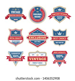 Business badges vector set in retro design style. Abstract logo. Premium quality. Satisfaction guaranteed. Vintage style. Original brand. Limited edition. Exclusive. Best price.