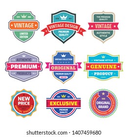 Business badges vector set in retro vintage design style. Abstract logo. Premium quality. Satisfaction guaranteed. Original brand. Exclusive genuine product. Concept labels. 