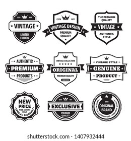 Business badges vector set in retro vintage design style. Abstract logo. Premium quality. Satisfaction guaranteed. Original brand. Exclusive genuine product. Concept labels in black & white colors. 