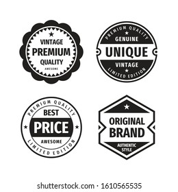 Business badges vector set in retro vintage design style. Abstract logo. Premium quality. Best price. Original brand. Genuine unigue vintage. Concept labels in black & white colors. 