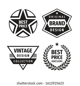 Business badges vector set in retro vintage design style. Abstract logo. Premium quality. Best price. Original brand. Vintage design. Concept labels in black & white colors. 