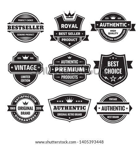 Business badges vector set in retro design style. Abstract logo. Premium quality. Satisfaction guaranteed. Vintage style. Genuine authentic product. Best seller. Original brand. Black and white colors.
