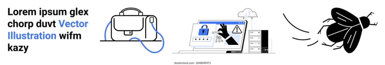 Business bag, computer with security alert, and flying insect. Ideal for business, cybersecurity, tech presentations, education, pest control, infographics, and digital content. Landing page