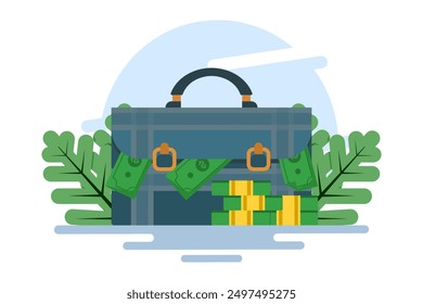 Business Bag Full of Money. Suitcase With Money Flat Icon. a large suitcase full of cash Symbol of wealth. Business success, Money Bag Icon. Flat vector illustration on background.