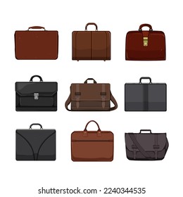 caricatura de conjunto de bolsos de negocios. maletín de cuero, moda de oficina, elegancia de viaje, hombre, ilustración de vector de bolsa de negocios accesorio