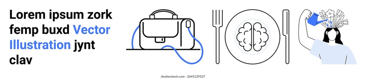 Business bag with strap, fork and plate with brain, person drinking water. Ideal for business, education, wellness, productivity, mental health, lifestyle, nutrition. Landing page