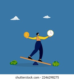 Business-Balance zwischen Zeit-Uhr und Dollar-Geld auf Seesaw, Zeit-und Geld-Saldo.