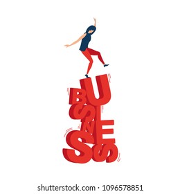 Business balance. The girl balances on the word business. Illustration of the complexity of doing business.