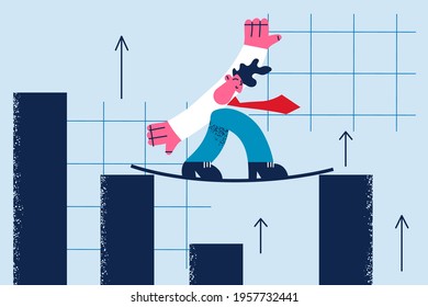 Business Balance, Opportunity And Development Concept. Young Businessman Cartoon Character Standing And Balancing In Bar Charts Vector Illustration 