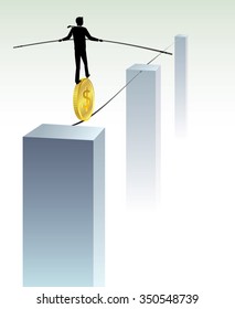 Business Balancing-Businessman Crossing On A Tight Rope Towards Profitability