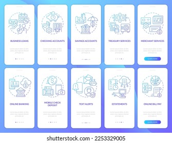 Business bank and digitization blue gradient onboarding mobile app screen set. Walkthrough 5 steps graphic instructions with linear concepts. UI, UX, GUI template. Myriad Pro-Bold, Regular fonts used