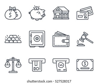 Business Bank Finance Line Outlined Icon Vector Pack Set