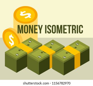 business bank stacked banknotes coins money isometric