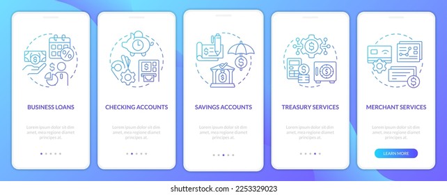 Business banking blue gradient onboarding mobile app screen. Commerce walkthrough 5 steps graphic instructions with linear concepts. UI, UX, GUI template. Myriad Pro-Bold, Regular fonts used