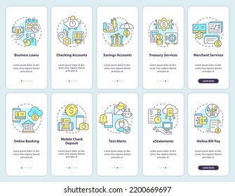 Business banking and digitization onboarding mobile app screen set. Walkthrough 5 steps editable graphic instructions with linear concepts. UI, UX, GUI template. Myriad Pro-Bold, Regular fonts used