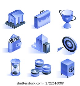 Business banking and finance High detailed realistic isometric icons 3d vector illustrations Bank suitcase cup wallet headquarter goal hourglass coins money safe symbols Isolated on white background