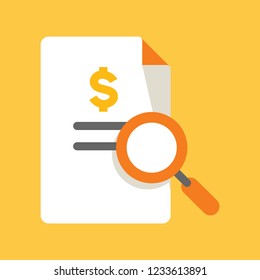 Business, Banking and Finance icon, folded file document with magnifier glass and dollar symbol flat vector illustration