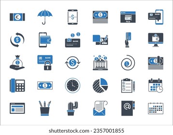 Business, banking and finance vector icons set glyph blue. Icons for business, management, finance, strategy, banking, marketing and accounting for mobile concepts and web. Modern pictogram