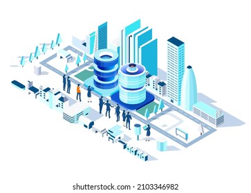 Business, banking, investments in the City. Isometric 3D business concept environment, Creative team working together in the Big City, developing project. Business, finance, logistics concept.