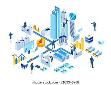 Business, banking, investments in the City. Isometric 3D business concept environment, Creative team working together, developing project. Business, finance, logistics concept.