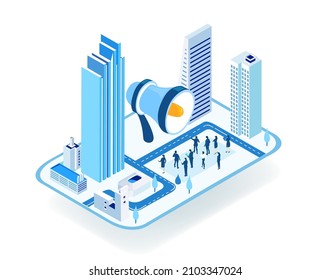 Business, banking, investments in the City. Isometric 3D business concept environment, Creative team working together, developing project. Business, finance, logistics concept.