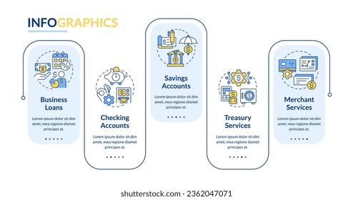 Plantilla infográfica de rectángulo de banca de negocios. Comercio. Visualización de datos con 5 pasos. Gráfico de información de línea de tiempo editable. Diseño de flujo de trabajo con iconos de línea. Lato-Bold, fuentes regulares usadas