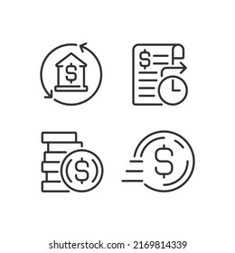 Business banking services pixel perfect linear icons set. Mortgage payment. Standing order. Send money. Customizable thin line symbols. Isolated vector outline illustrations. Editable stroke