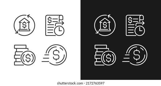 Business banking services pixel perfect linear icons set for dark, light mode. Mortgage payment. Standing order. Thin line symbols for night, day theme. Isolated illustrations. Editable stroke