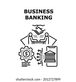 Concepto de icono de vectores de banca comercial. Proceso De Banca Comercial Y Aplicación De Teléfono Móvil Para Gestión Financiera Online Y Cheque Cuenta Bancaria. Consulta Con Banker Black Illustration