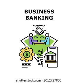 Business Banking Vector Icon Concept. Business Banking Process And Mobile Phone Application For Management Finance Online And Check Bank Account. Consultation With Banker Color Illustration