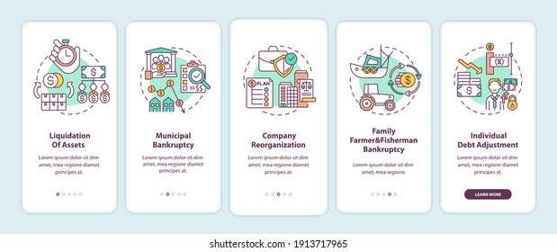 Business bankruptcy onboarding mobile app page screen with concepts. Liquidation of asset. Corporate debt walkthrough 5 steps graphic instructions. UI vector template with RGB color illustrations