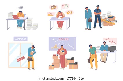 Business bankruptcy set, vector flat isolated illustration. Disappointed, scared, confused people because of being bankrupt, losing job. Business failure, financial crisis, economic crash.