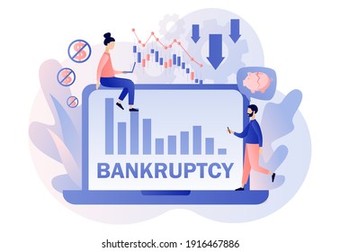 Business bankruptcy. Tiny businessmen with economical loan payback problem, investment failure and budget collapse. Financial crisis. Modern flat cartoon style. Vector illustration on white background