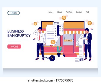 Business bankruptcy vector website template, landing page design for website and mobile site development. Closed office, unpaid tax bills and confused businessmen. Financial crisis, business failure.