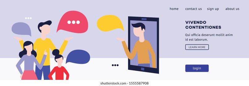 Business banner for the application with chat and dialogs, people talk and discuss. Online communication concept. Isolated flat vector illustration.